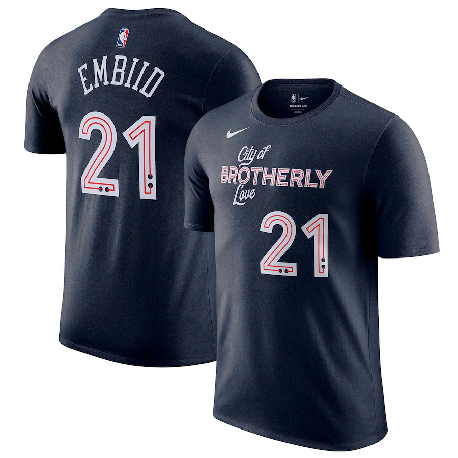 Men's Philadelphia 76ers #21 Joel Embiid Navy 2023/24 City Edition Name & Number T-Shirt
